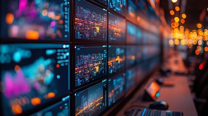 Digital city control center multiple screens monitoring public safety traffic flow and infrastructure security with a focus on cyber protection