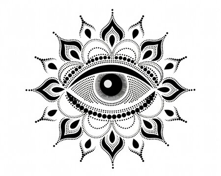 An illustration of a dotwork tattoo with intricate patterns made of tiny dots. The pattern is isolated and there is a white background.