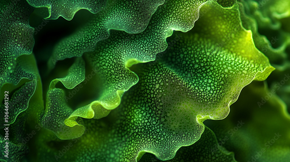 Poster close-up of vibrant green algae showing intricate textures and patterns in nature