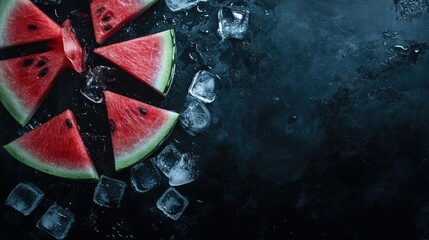 Fresh Watermelon Slices with Ice Cubes on Dark Surface