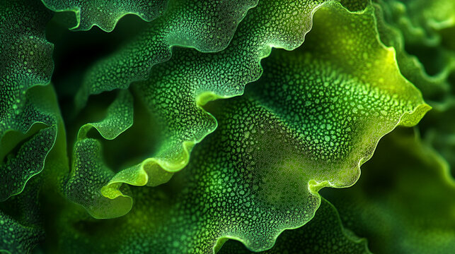 Close-up of vibrant green algae showing intricate textures and patterns in nature