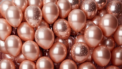 Festive background with rose gold balloons and scattered golden confetti. Premium background for a festive birthday celebration.