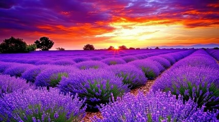 Obraz premium Sunset Over Lavender Fields with Vibrant Colors and Stunning Sky