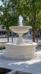 A decorative fountain surrounded by trees in an urban setting.