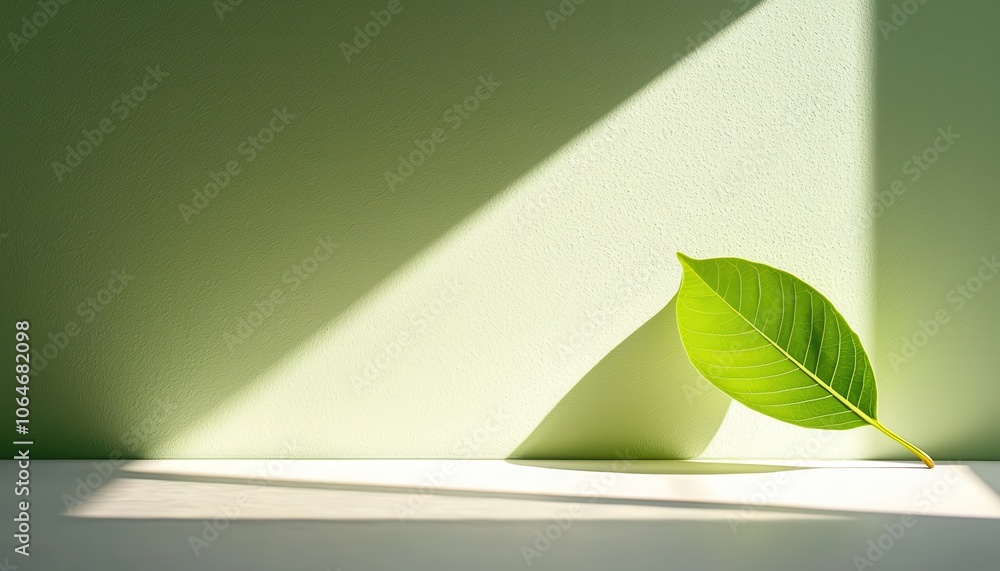 Poster a single green leaf rests on a surface, illuminated by soft light and casting a gentle shadow agains