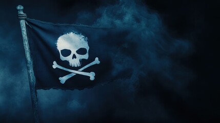 Pirate flag with skull and crossbones, waving in the wind, representing a dark and mysterious concept.