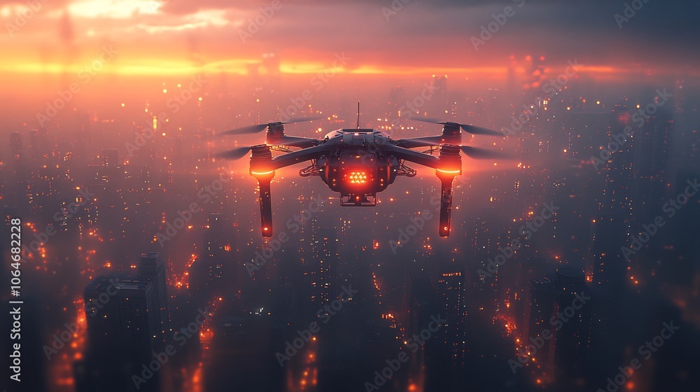 Poster cyber defense drone hovering over virtual cityscape actively scanning for vulnerabilities in a digit