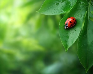 A vibrant ladybug rests on a green leaf, surrounded by dewdrops, symbolizing nature&rsquo;s beauty and harmony.
