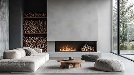 Modern living room with a fireplace sofa and coffee table