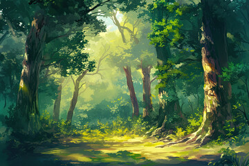 Woodland forest background banner, cartoon anime style graphic resource wide backdrop, empty space, trees wallpaper