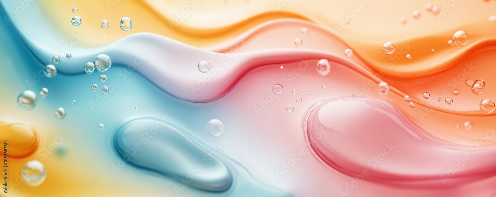 Poster vibrant abstract waves with colorful bubbles on a smooth surface