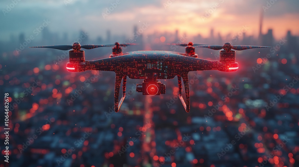 Poster cyber defense drone hovering over virtual cityscape scanning for threats and vulnerabilities in the 