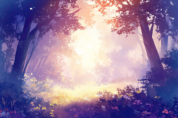 Woodland forest background banner, cartoon anime style graphic resource wide backdrop, empty space, trees wallpaper