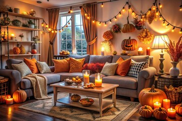 Cozy Halloween Living Room with Elegant Sofa, Whimsical Pumpkins, and Festive Decor for a Spooky Atmosphere
