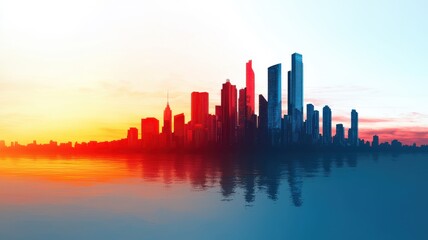 Fototapeta premium A vibrant city skyline reflected in water, showcasing a stunning gradient of sunset colors transitioning from warm oranges to cool blues.