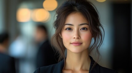 Obraz premium Chinese woman leads corporate negotiation with serious focus and team support