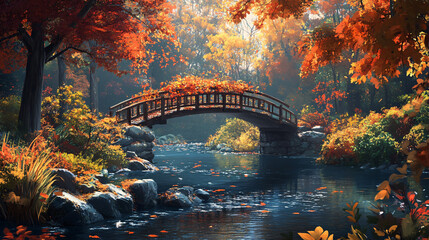 A charming footbridge crossing a river, adorned with vibrant leaves and framed by autumn trees.