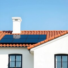 Close-up of a white stucco house with black-framed solar panels and Mediterranean-style roof tiles