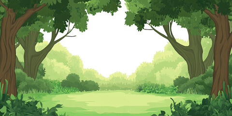 Woodland forest background banner, cartoon anime style graphic resource wide backdrop, empty space, trees wallpaper