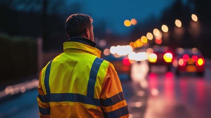 Male construction worker in a reflective jacket overseeing traffic at night.