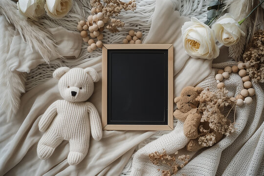 Pregnancy announcement with teddy bear, dried flowers and a black letterboard in the centerof a soft muslin blanket