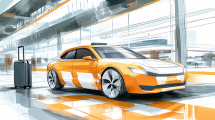 Modern orange and white taxi parked at the airport with a suitcase nearby in a watercolor sketch style, showcasing a travel-ready atmosphere