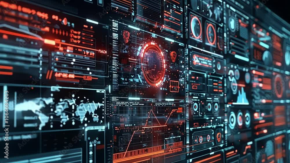 Poster futuristic security system is analyzing data, detecting threats and displaying information on a comp