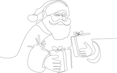 Outlined Cute Santa Claus Cartoon Character With A Sack Full Of Gifts. Vector Hand Drawn Illustration. One continuous line drawing Santa Claus on reindeer and sled. concept for Christmas and New Year