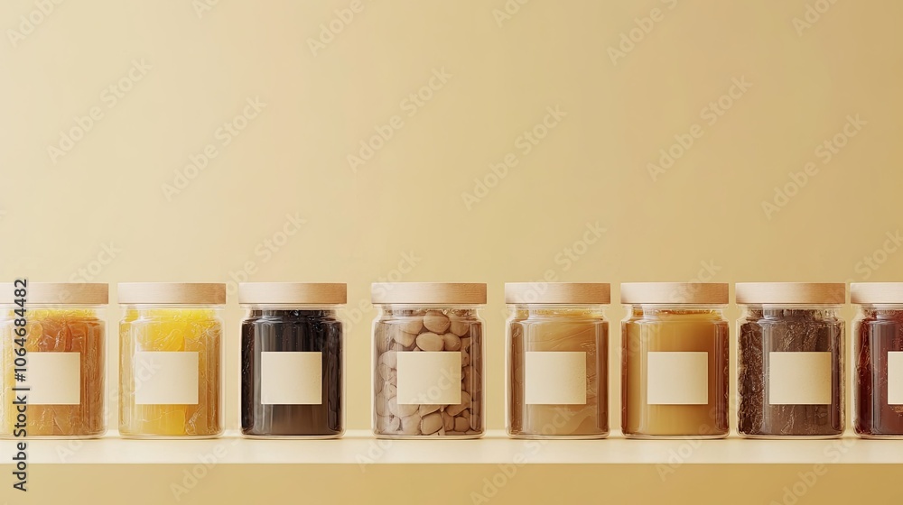Poster colorful jars on a shelf against a soft background