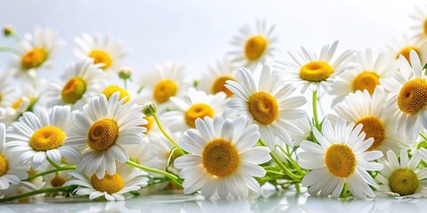 Obraz premium Wide-angle view of beautiful daisies on white chamomile flowers background