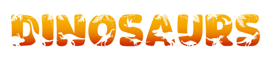 Quote dinosaur with prehistoric dino and plant leaves silhouettes. Vector jurassic dinosaur animals, reptiles and flying pterosaurs with prehistoric jungle forest palm trees, paleontology themes © Vector Tradition