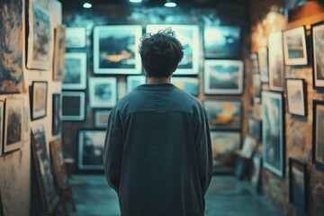 Back view of a man in a dim gallery, observing framed artwork under soft lighting