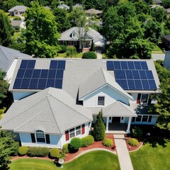 A top view shot of suburban home with a traditional design, solar panels mounted on both sides of the roof