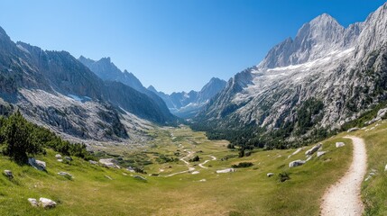 A panoramic view of a serene mountain valley under a clear blue sky.