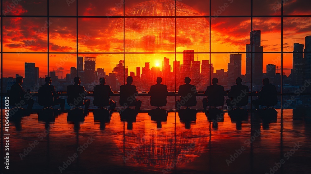 Poster conference room filled executives discussing a cyber security strategy with a large digital globe sh