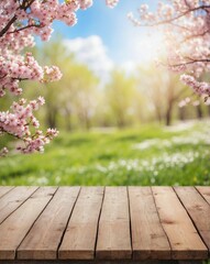 Spring landscape on empty wooden table background, for product placement and advertising, space for text