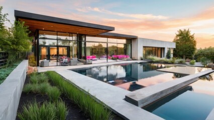Fototapeta premium Modern luxury house with pool, twostory black building, glass windows, rectangular pool, patio with lounge seating, landscaped yard at sunset.