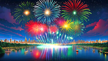 a vibrant cityscape photograph featuring a nighttime skyline with a series of large, colorful fireworks exploding in the sky. The fireworks display a range of colors,