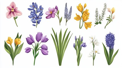 Charming Wildflower and Leaf Branch Illustrations for Clipart
