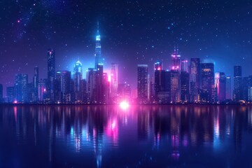Fototapeta premium Vibrant neon skyline sparkling with glittering lights against a dark night backdrop.