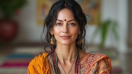 Indian woman guides yoga practice in a serene studio environment with students