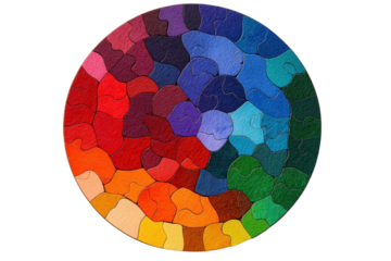 Colorful puzzle pieces arranged in a circular pattern, white isolate background