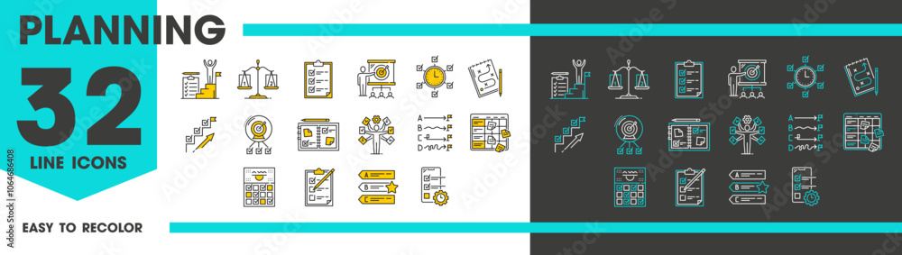 Poster planning line icons. project goal, management and plan schedule. vector set of linear business symbo