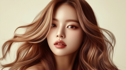 Fototapeta premium A close-up portrait of a young Korean woman with flowing hair against a soft, neutral backdrop showcasing natural beauty
