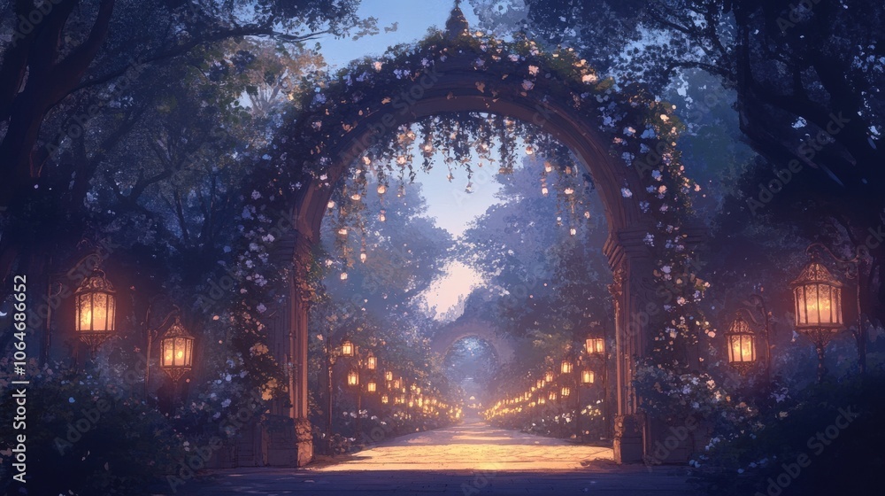 Poster magical forest path featuring a rose-covered archway and glowing lanterns inviting adventure.