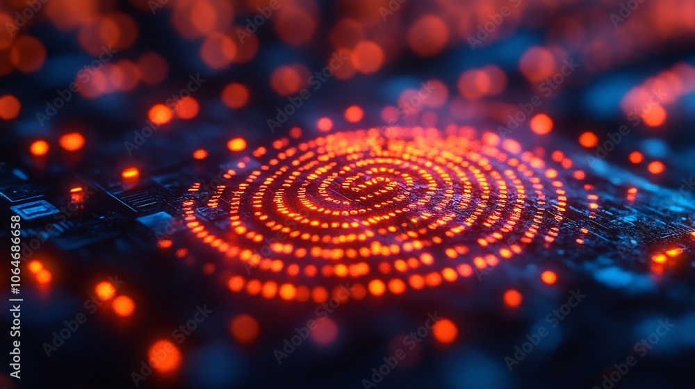 Poster closeup of fingerprint scanner glowing with digital lights as it scans a finger symbolizing secure b