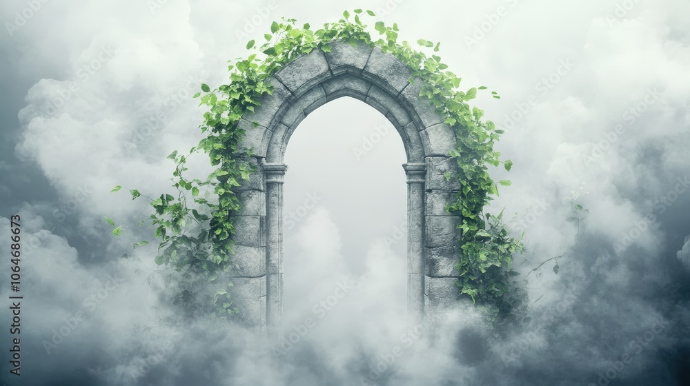 Poster stone archway overgrown with vines leading into a mysterious misty void inviting exploration.