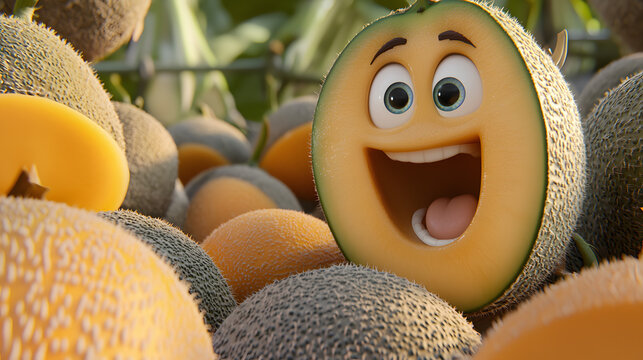 Happy cartoon melon among fresh fruits