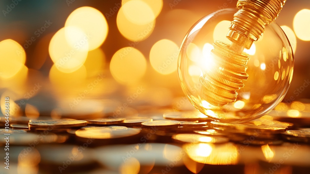 Poster lightbulb with coins on a shimmering background