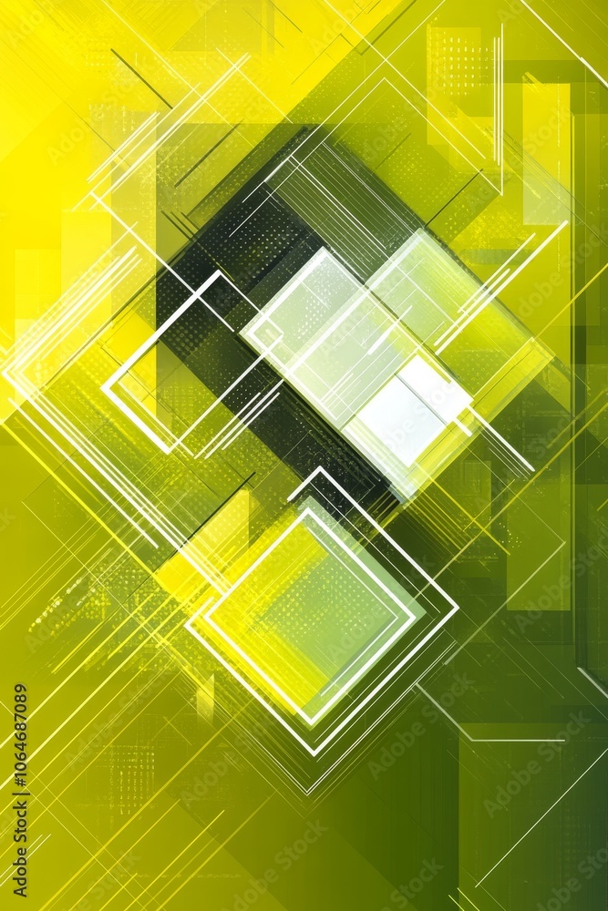 Poster abstract geometric design with vibrant yellow and green colors featuring dynamic shapes and lines cr